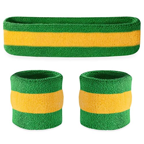 Suddora Striped Sweatband Set, Moisture Wicking 2 Wristbands and 1 Headband, Breathable Athletic Sweat Bands for Sports, Costumes & Cosplay, Matching Bands to Wear with Jersey - color: Green Yellow Green