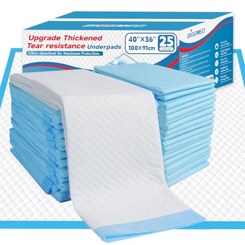 BIGGMED Tear-Resistant Incontinence Bed Pads 40'' x 36'' 130 Gram Heavy Duty (25 Count) Disposable Underpads Chucks Pads for Adults, Kids & Elderly | Protection Pads for Bed, Sofa, and Chair - size: 40"x36"- 25 Count (Tear-resistant)