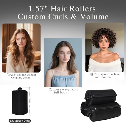 34 PCS Foam Hair Rollers Set - Satin Sponge Hair Curlers with Duck Teeth Clips, No Heat Overnight Sleep-In Rollers for Long/Short Hair Styling(Black)