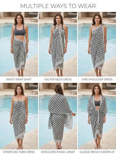 Beach Cover Ups for Women, Cotton Sarong Wrap Pareo | 100% Cotton Sarong Wraps For Women, 73 x 44 In. Pareo Beach Wrap, Bikini Cover Up, Bathing Suit Cover Up, Resort Wear - color: Black Beauty 02