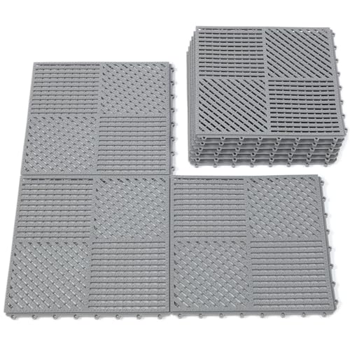 9 Pack Interlocking Drainage Tiles Double Non-Slip Tiles Mat with Drain Holes for Pool, Bathroom, Shower, Pantry, Patio, Boat, Pet Area, 12" L×12" W×0.4" Th Gray - color: Grey, size: 9 Pack (12"L x 12"W x 0.4"Th)