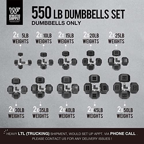 WF Athletic Supply Rubber Encased Hex Dumbbells with Rubber Grip Contoured Handle for Muscle Toning, Strength Building & Full Body Workout - color: x. 550LB Dumbbell Set Only