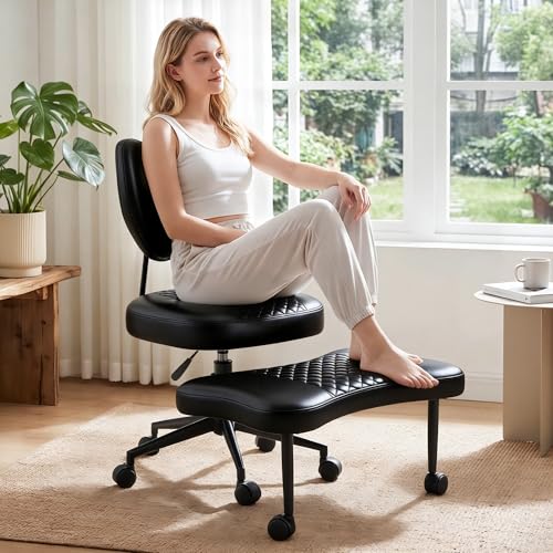 Cross Legged Office Chair with Wheels, 360 Swivel Height-Adjustable Meditation Chair with Lumbar Support, PU Leather, Black - color: Black, size: Heart Back with Rectangular Cushion