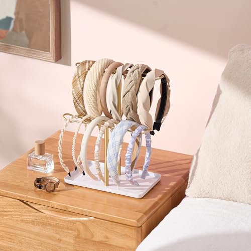 Headband Holder Organizer, 2-Tier T-bar Storage Stand with Tray for Hair Accessories Hairband Hair Clip, for Girls Women, Gold & White - color: White-gold