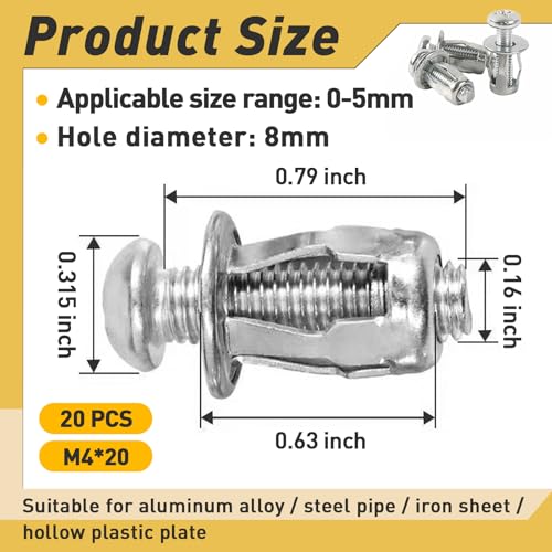 20Pcs M4 x 20 Hollow Door Anchor Set, Metal Cavity Fixing Anchors for Aluminium Cladding, Steel Pipe, Iron Sheet, Plastic Sheet (8 * 16MM) - color: M4 x 20(8*16MM)