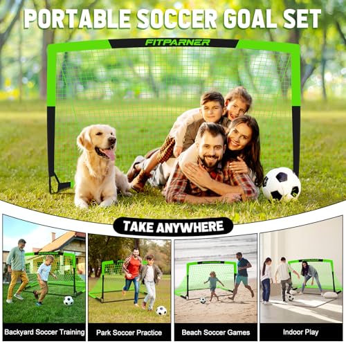 Kids Soccer Goals for Backyard Set - 2 Pack of Portable Pop Up Soccer Nets with Ball,Cones,Complete Training Equipment Kit for Toddler,Youth,Kids Age 3-14,Outdoor Sports Game - color: Green Black, style: 4x3FT