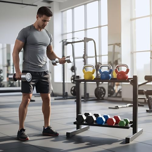 FEBTECH Heavy-Duty 2-Tier Kettlebell Rack, Gym Storage Rack for Kettlebells | Compact kettlebell rack design weight rack for home gym, steel weight storage racks organizer with secure weight holder Black