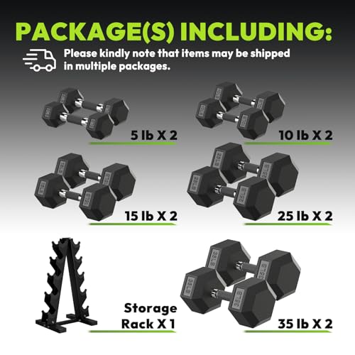 HANDBODE Hex Dumbbell Set with Vertical Storage Rack, 100–550 lb | Non-Slip Handle Design for Secure Grip, Rubber Encased Dumbbells, Hand Weights for Strength Training and Home Gym - style: 180 lb (5, 10, 15, 25, 35 lb) X 2 & Rack
