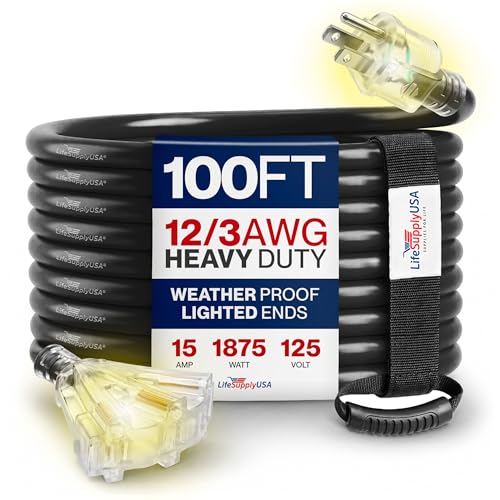 100ft Outdoor/Indoor Extension Cord 3-Outlet 12/3 Gauge Extra Heavy Duty 3 Prong SJTW, Waterproof, Flexible Cold-Resistant Long Power Cord,15A 125V 1875W, Black by LifeSupplyUSA - color: Black, size: 100FT