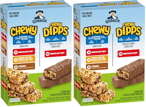 Quaker Chewy Granola Bars, Chewy & Dipps Variety Pack, (58 Bars), Whole Grains, No Artificial Flavors, No Added Colors,(Pack of 2) - size: 58 Count (Pack of 2)