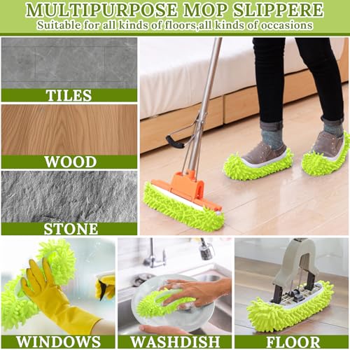 Mop Slippers Shoes for Women Men Foot Dust Duster Microfiber Dust Hair | Reusable Sweeper Cleaning Tool for House Bathroom Kitchen - color: Green, size: F