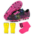 brooman Kids Firm Ground Soccer Cleats Girls Football Cleats with Shin Guards and Soccer Socks - color: Black Fuchsia, size: 1 Little Kid