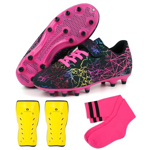 brooman Kids Firm Ground Soccer Cleats Girls Football Cleats with Shin Guards and Soccer Socks - color: Black Fuchsia, size: 1 Little Kid