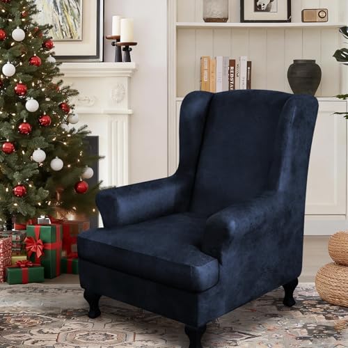 ANARACHON Leather Look Wingback Chair Covers, 2-Piece Wing Chair slipcover,Stretch Wing Back Armchair Slipcovers with Elastic Bottom, Soft Spandex Furniture Protector for Living Room (Navy) - color: Navy