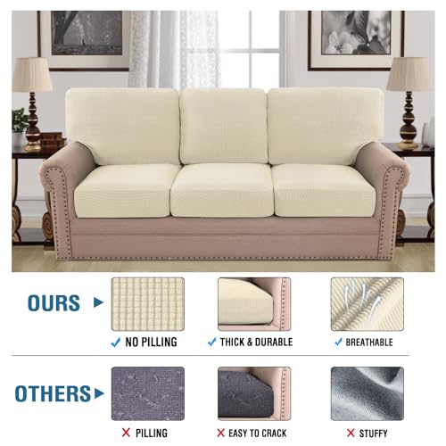 H.VERSAILTEX Multi-Pieces Couch Covers for 3 Cushion Sofa High Stretch Couch Cushion Covers Jacquard Textured Twill Fabric(3 Seat Covers Plus 3 Back Cushion Covers, Natural) - color: Natural, size: 3 SEAT COVERS + 3 BACK COVERS