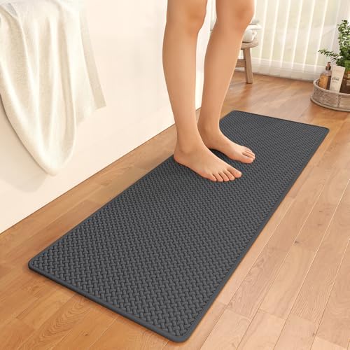 YDKGL Bathroom Runner Rug Non Slip, Super Absorbent Quick Dry Long Bath Mat, Foam Weave Texture Rubber Backing Ultra Thin Bathroom Mats Fit Under Door Bathroom Floor Bathtub Shower, 16"x 47" - color: Grey, size: 16"x 47"