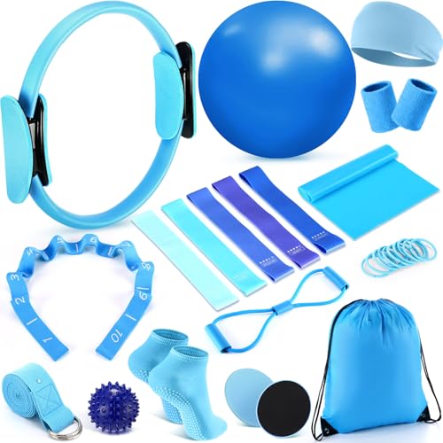 Poen 18 Pcs Home Pilates Kit for Women Pilates Ball and Ring Circle Set Yoga Fitness Essential with 5 Resistance Band Stretching Strap Non Slip Sock Ball Core Slider Wristband Headband Gym Bag - color: Blue