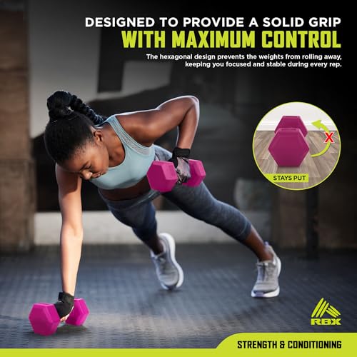 RBX Vinyl Coated Hand Weight Dumbbell Set - Hex Shaped, Roll Free for Body Building/Sculpting/Strength Training Exercise, (Set of 2) - color: Raspberry, size: 2lb
