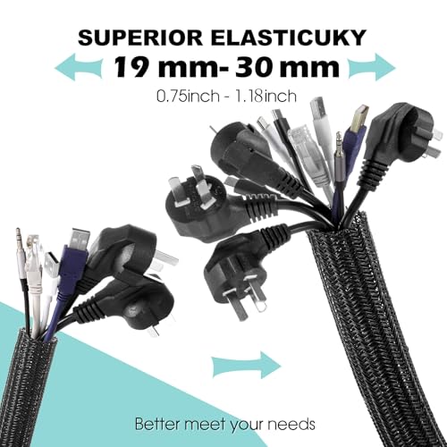AGPTEK Cable Sleeve, 6.6ft - 1.2 inch Cable Management, Desk Cord Cover Organizer Wire Hider for Home Office Computer TV Wire Loom Tubing, Pet Proof Cord Protector from Cat Dog Chewing, Black - color: Black, size: 1.2"-6.6ft