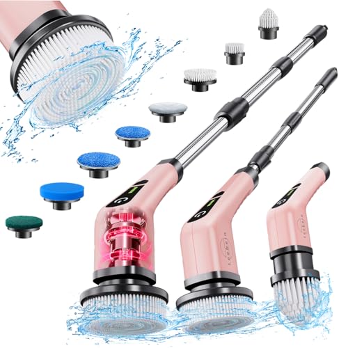 Leebein Electric Spin Scrubber, Cordless Powerful Scrub Brush for Cleaning Bathroom, Kitchen, Shower Tub and Floor Tile with Adjustable Extension Long Handle and 8 Replaceable Brush Heads(Rose) - color: Rose