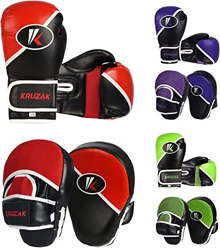 Kruzak Premium Boxing Gloves and Focus Mitts Set for Kickboxing and Muay Thai MMA Training| Focus Pads and Training Gloves | Fitness Kit for Martial Arts & Karate | 08, 10, 12, 14, 16 oz Gloves - color: Black and Red, size: 10 oz