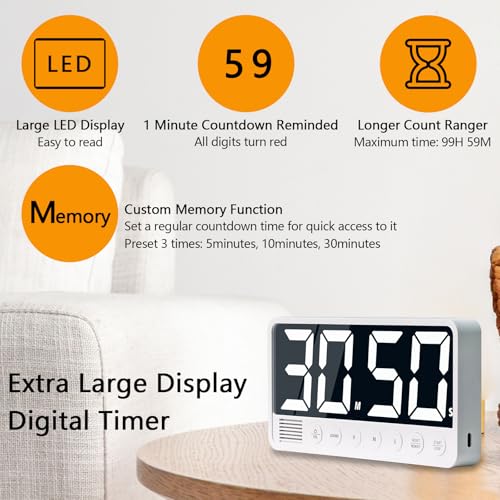 Digital Kitchen Timer with 7.1” Extra Large Display, Rechargeable Magnetic LED Countdown/Up Memory Timer with 6 Alarms & 4 Volume Levels for Cooking, Classroom, Office, Home Gym (Black) - color: Black