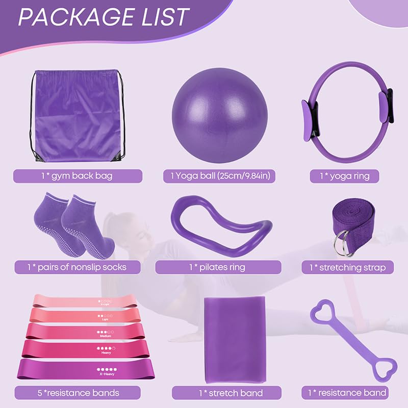 13 Pcs Pilates Essentials Kit for Women, Home Workout Equipment Set with 9.8” Ball, Magic Circle, Accessories, Perfect for Beginners to Toning & Fitness, Pink - color: Purple