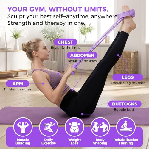 Pedal Resistance Band with Handle, Sit Up Exercise Equipment | Upgraded 8-tube multifunction pedal resistance band for home gym. Non-slip foam handles and foot pedals for full body workout - color: Purple