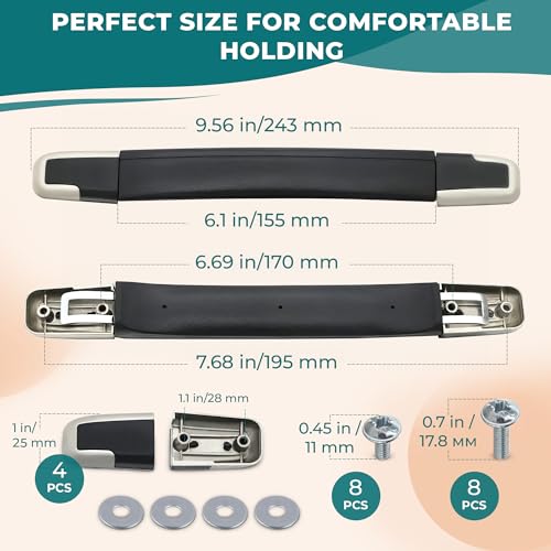2 Pcs Luggage Handle Replacement, Fits 8.9 in Spacing, 9.56 in Length | Suitcase Grip Replacement, Metal Bases, 16 Screws, 4 Washers & 4 End Caps, Protective Coated Plastic, Repair Kit for Bags