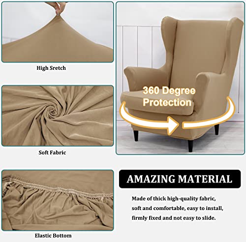 NILUOH Wingback Chair Cover 2-Piece Soft Stretch Wing Chair Slipcover Solid Color Armchair Sofa Couch Cover Furniture Protector with Elastic Bottom for Living Room Bedroom (Khaki) - color: Khaki