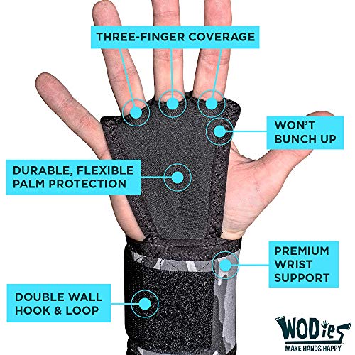 JerkFit WODies Gymnastics & Weightlifting Grips with Wrist Wraps – 3 Hole Versatile Gym Gloves for Pull Ups, Gym Training & Cross Training – Hand Grips Palm Protector for Men & Women - color: Green Camo, size: Small 3”- 3.5”