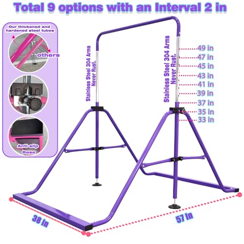 Folding Gymnastics Bar with Rings, Foldable Kip Bar with Sturdier Base, Training Bar for Kids Ages 3-10, Horizontal Bar, Home Gym Equipment for Boy Girl - color: Violet, style: Foldable Bar