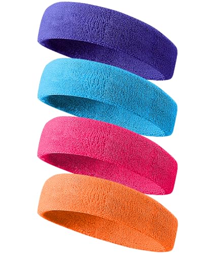Tanluhu Sweatbands Sport Headbands for Men & Women,Terry Cloth Sweat Band for Tennis, Running, Basketball, Working Out, Exercise- Athletic Sweat Cotton Headband Outdoor - color: Purple/Blue/Rose Red/Orange