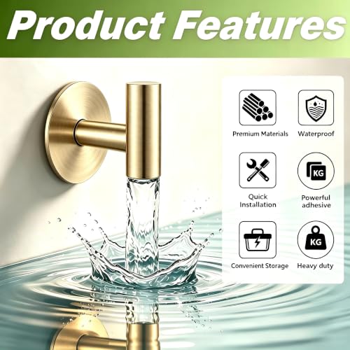 Gold Stainless Steel Wall Hooks, Heavy Duty Self-Adhesive Hooks for Coats, Towels, Robes, Hats, Aprons – No Drill Bathroom, Kitchen, Hotel (4 Pack) - color: Gold, size: Adhesive "T" Shape- 4 Pack