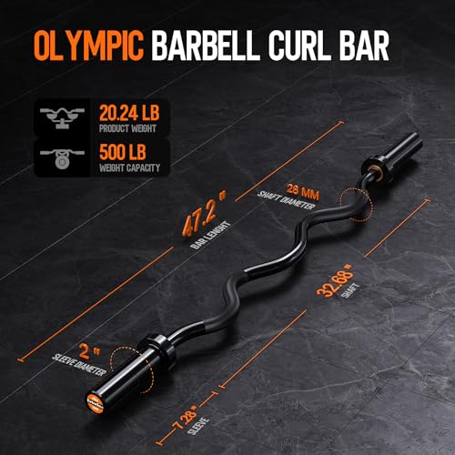 Olympic EZ Curl Barbell Bar, 47" EZ Curl Bar for Weight Lifting, Biceps, triceps, Back/Leg Muscle Group exercise,Chrome Curling Bar for 2 Inch Weight Plates,with 2 Spring Collars - style: 2 inch-Black