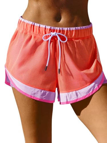 Fisoew Women Athletic Shorts 2 in 1 Running High Split Color Block Workout Yoga Mesh Shorts Pocket Drawstring - color: Orange, size: XX-Large