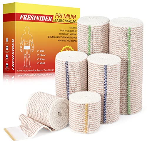 FRESINIDER Premium Elastic Bandage Wrap, 6 Pack (2x2, 2x4, 2x6) Cotton Compression Bandage with Touch Closure at Both Ends, Support & First Aid, Medical, and Injury Recovery - color: 6 Pack Mix (2, 4, 6 Inches)