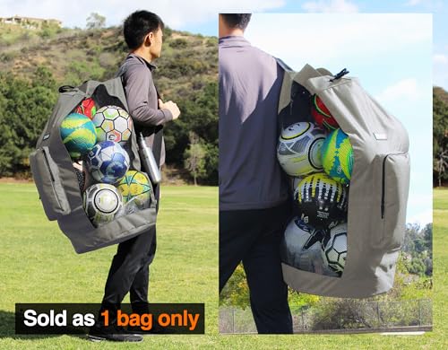 Fitdom Heavy Duty XL Soccer Mesh Equipment Ball Bag w/Adjustable Shoulder Strap Design for Coach. with an Over-Sized Front Pocket for Sporting Accessories. Best for All Outdoor & Water Gears - color: Grey / Black