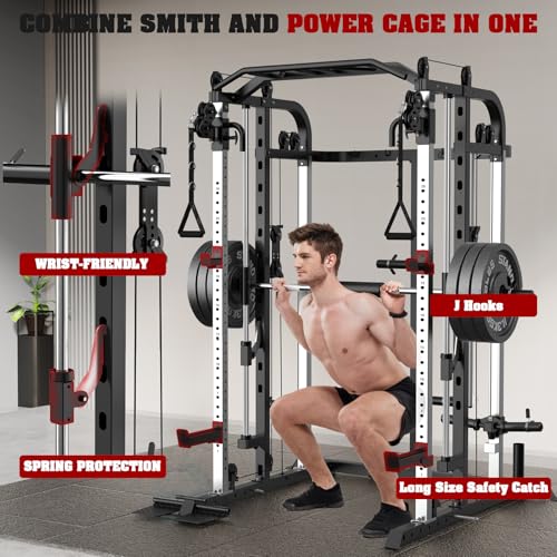 Smith Machine, Multifunctional Power Cage Rack with Smith Bar and Cable Pulley System, and LAT Pull Down Machine for Home Gym… - style: Power Cage with 140 Lbs Plates and Bench