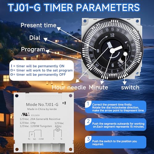KERDE TJ01-G 24-Hour Timer, 120V 20-Amp Manual Override, 15-Minute Interval Switch, Indoor/Outdoor Appliance Timer for Lights, Fans, Pumps, DIY Electrical Projects