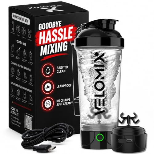 VELOMIX Electric Protein Shaker Bottle - 24 oz | USB-C Rechargeable | Leak Proof Shaker Cups for Protein Shakes | Portable Blender for Shakes and Smoothies (Electric-Transparent) - color: 1) Electric-Transparent