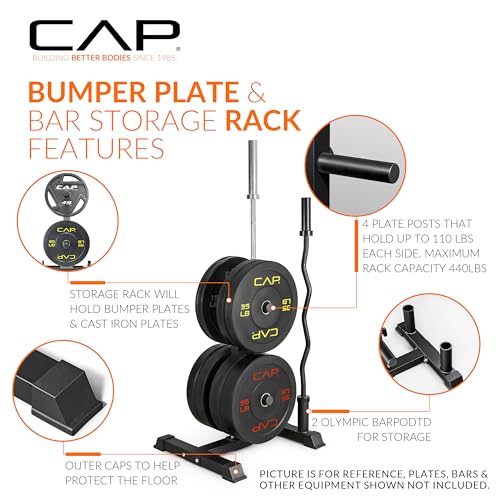 CAP Olympic Bumper Plate Tree Rack with Barbell Holders, Heavy-Duty Weight Plate Storage Rack for Home Gym, Steel Olympic Plate Organizer Stand, Multiple Color & Size Options - color: Gray, size: 4-Plate Posts / 2 Bar Holders