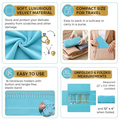 UnionPlus Velvet Travel Jewelry Roll Bag Organizer for Necklace, Elastic Band and Anti-winding, River Blue - color: River Blue, size: Medium