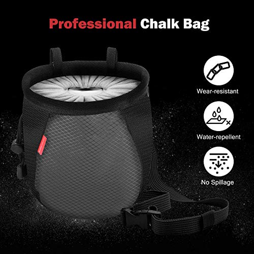 Rhino Valley Climbing Chalk Bag, No Leak Drawstring Chalk Bag with Adjustable Belt, Carabiner Clip and Zippered Pockets Chalk Bag for Rock Climbing, Cross Fit, Weight Lifting & More - color: Black/Gray