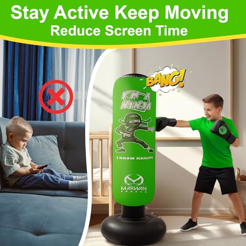Marwan Sports Ninja Kids Punching Bag — Inflatable Sensory Toy & Birthday Gift for Boys & Girls Ages 4-12, 63" Freestanding 5-in-1 Kit, Indoor Apartment-Quiet Sensory-Friendly Active Play - color: Green
