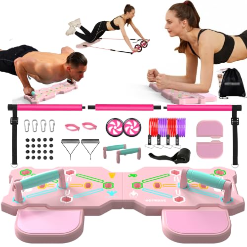 HOTWAVE Push Up Board, Portable Pushup Board & Plank Trainer, Push Up Bar | Foldable Pushup Handles for Floor, Multifunctional Workout Equipment with 20 Gym Accessories for Men and Women at Home Gym - color: Pink