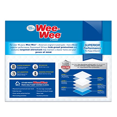 Four Paws Wee-Wee Superior Performance Unscented Pee Pads for Dogs & Puppies, Quilted Leak-Proof Dog Housebreaking Potty Training Floor Protection, 22" x 23", 150 Count - size: 150 Count
