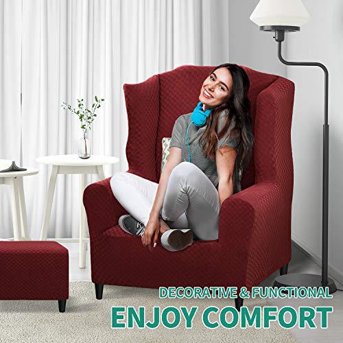 YEMYHOM 1 Piece Stretch Wingback Chair Slipcover Latest Jacquard Design Wing Chair Cover Non Slip Furniture Protector with Foam Rods for Living Room (Wing Chair, Christmas Wine Red) - color: Christmas Wine Red, size: 1 Pack - Wing Chair