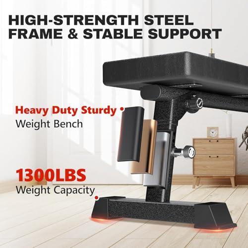Flat Weight Bench Foldable 1300 LBS Capacity Adjustable Home Gym 5-Level Height Adjustment, 2.5" thick cushion, sturdy T-legs, Commercial-grade Flat Bench, Compact Storage for Home Workouts Man Woman