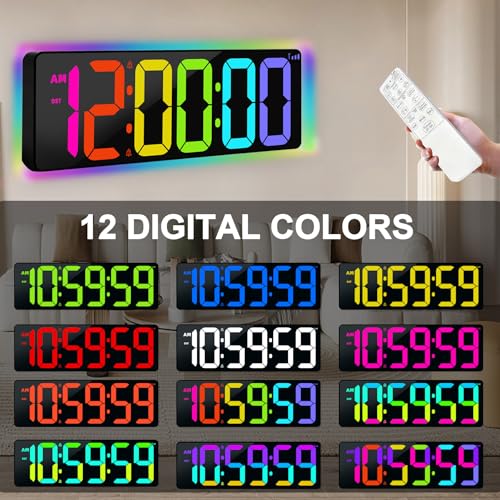 TXL 17.2" WiFi Digital Wall Clock with Seconds, Large Countdown Timer for Classroom Home Gym Office, Alarm Clock with Remote Control, RGB Ambient Lights, 4 Dimmable Brightness, Auto DST(RGB) - color: Rgb